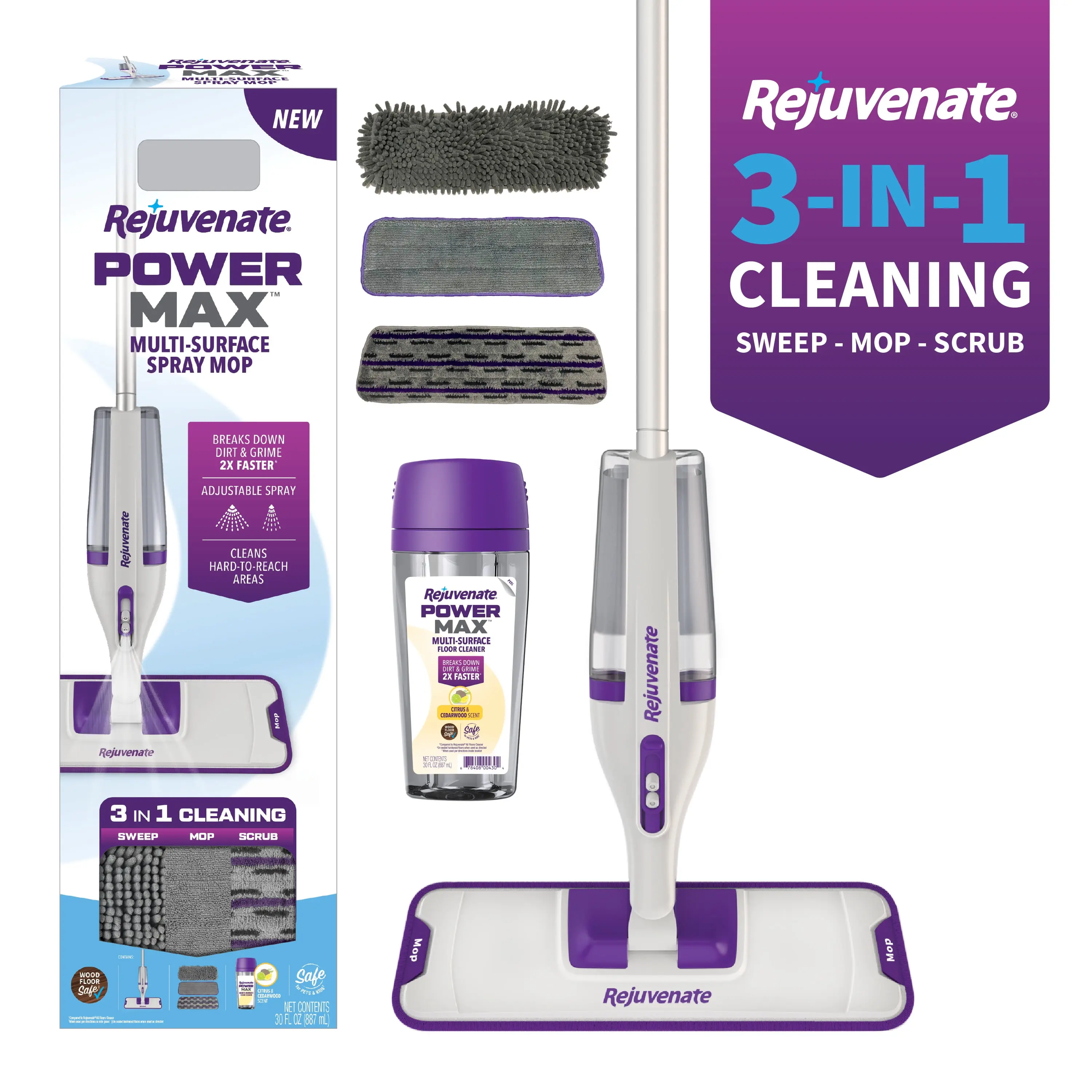 Rejuvenate PowerMax Multi-Surface Spray Mop Kit, Powerful 3-in-1 Cleaning, Sweep, Mop & Scrub