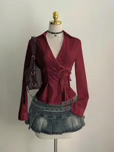 Elegant Asymmetrical Waist Cinched Fitted Top for Women, Slimming Belted Open Front Long Sleeve Shirt, Stylish Casual Blouse