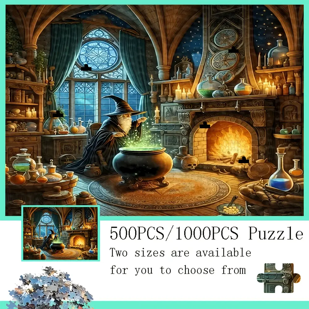 Fantasy Art Jigsaw Puzzle, Magical Wizard Alchemy Laboratory & Cozy Indoor Fireplace Scene, 500/1000Pcs, Holiday Family Entertainment Gift