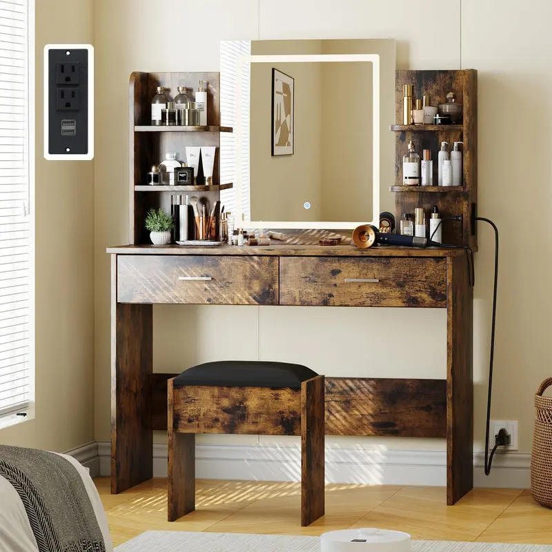 【Christmas Gift】Brown Vanity Desk with Mirror and Lights, Makeup Vanity Set w/Desk and Stool, Power Outlet, Vanity Table w/6 Storage Shelves, 2 Large Drawers and 3 Color Adjustable Brightness