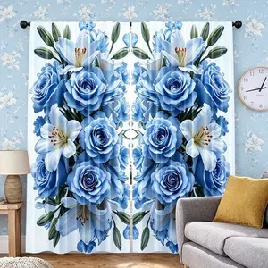 2pcs Elegantly Printed Blue Rose Lily Curtains - Polyester, Light Filtering, Seasonal Decor (Rod Not Included), Bedroom Decoration | Floral Print Curtains | Rod Pocket Curtains, Living Room Curtains, Window Curtain