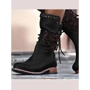 Women's Bohemian Style Boots American Western Cowboy Knight Boots Back Strap Size 43 Large Chunky Heel High Top Motorcycle Boots