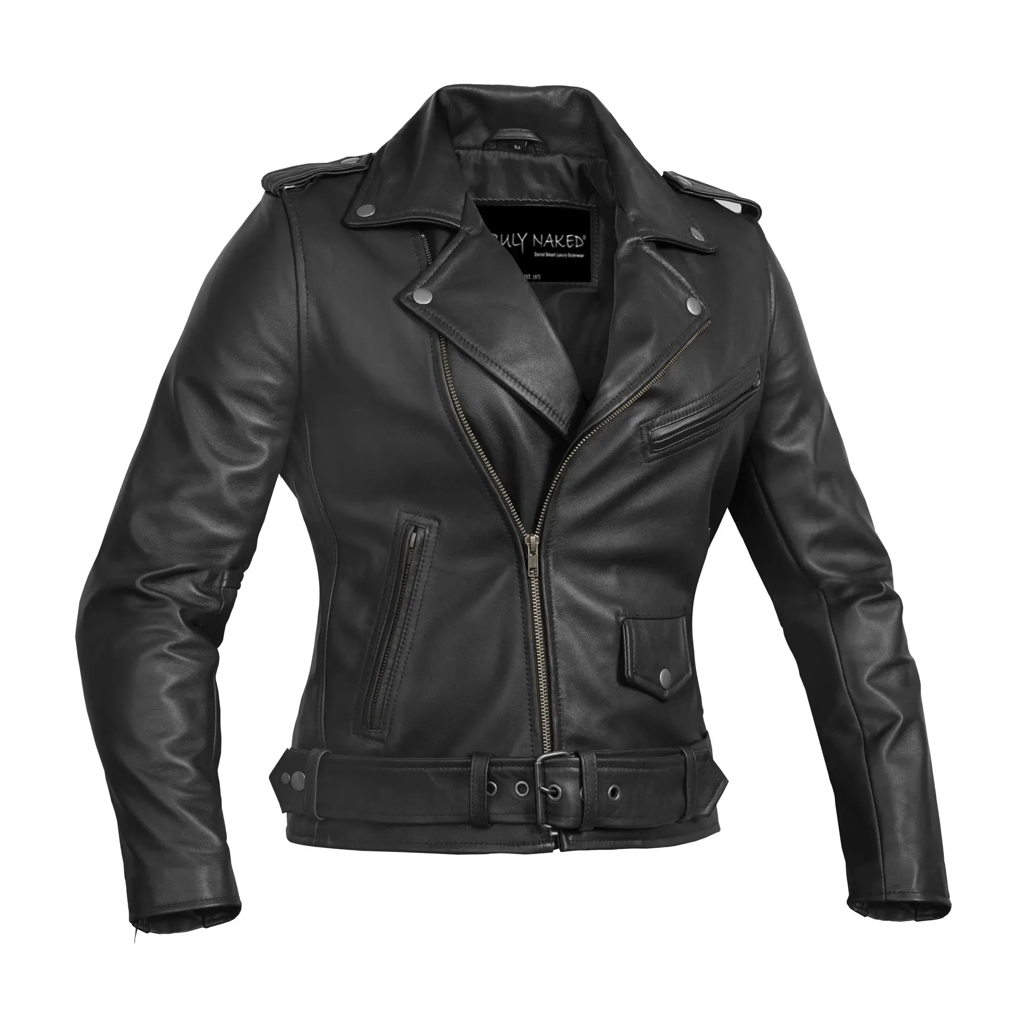 DANIEL SMART Women's Black Fitted Thick Leather Coat - Longsleeves Rock Style Outerwear with Zipper, Adjustable Belt, 4 Pockets, Multi-Size for Multi-Season Wear, Coats, Leather Jacket