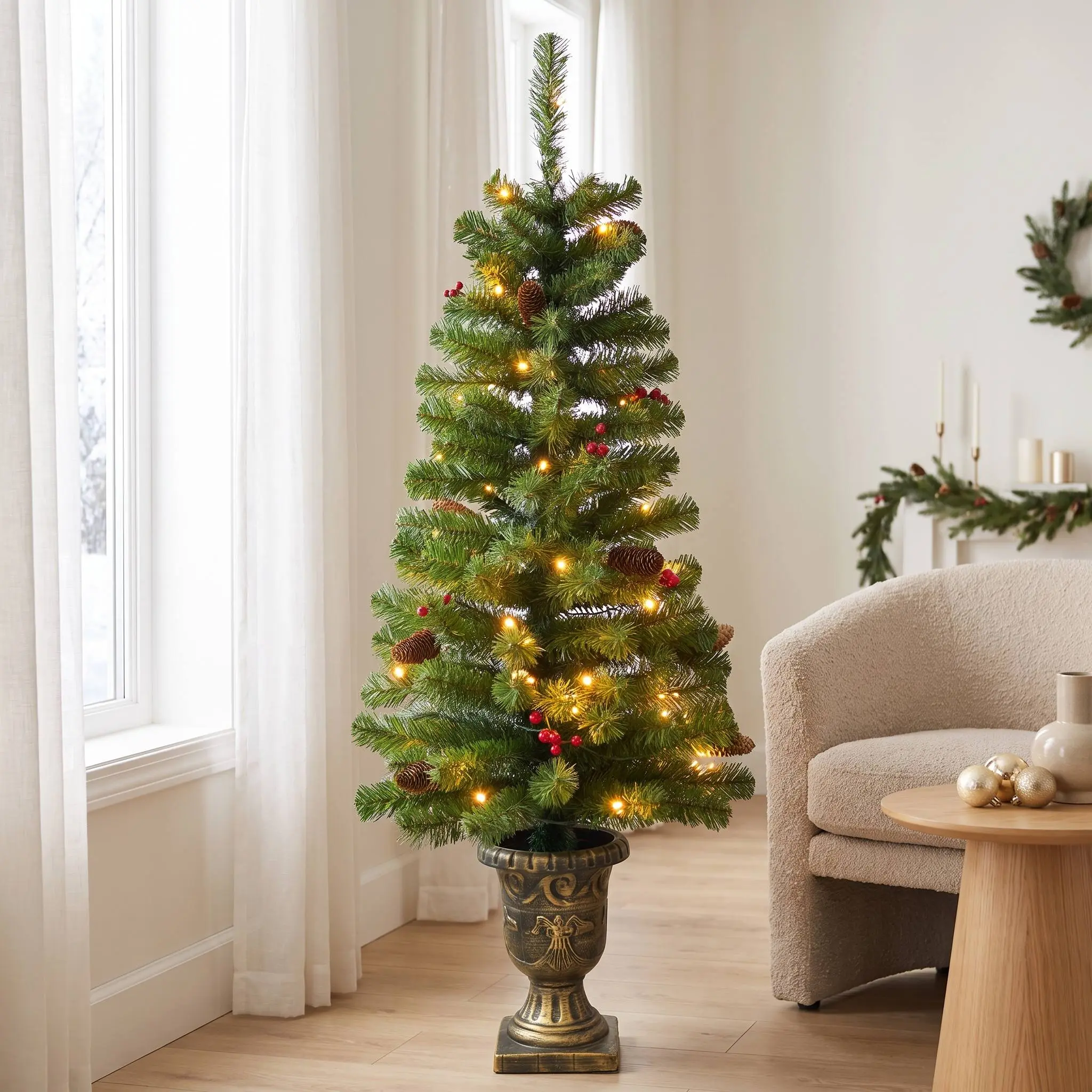 4FT Pre-Lit Artificial Potted Christmas Tree with 50 Warm White LED Lights, Pine Cones & Red Berries, Battery-Operated Small Christmas Tree with Antique Gold Urn Base for Entryway, Living Room & Office