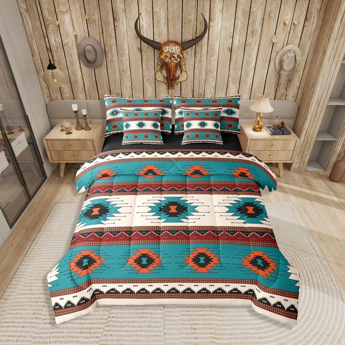 Ethnic Tribal Arrow 7 Pieces Bedding Setsouthwestern Rustic Aztec Bed in a Bag,Teal Orange Beige Bed Set,Includes Comforter,Sheet Set,Pillowcases & Pillow Covers,Vintage Geometric Bedroom Decor
