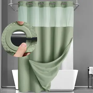 Waffle Pattern Double Layer Waterproof Shower Curtain No Drilling Required With Removable Inner Lining Separates Dry Wet Areas No Hooks Needed For Bathroom