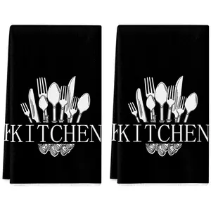 Black Kitchen Towels Decorative Set Knife Fork Spoon and Tableware Dish Towels Set of 2 Absorbent Soft Tea Towels 18x26 Inch Decoration Hand Towels for Farmhouse Home Decor