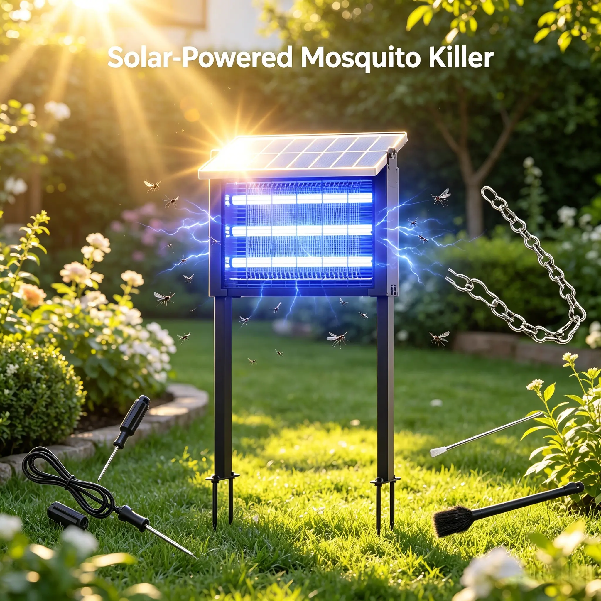 Outdoor Solar Insect Zapper – 3 LED Tubes, 360° Coverage, Waterproof, Solar Energy Storage Purple UV Light Led Mosquito Trap,  for Backyard Patio Outdoor Pest Control