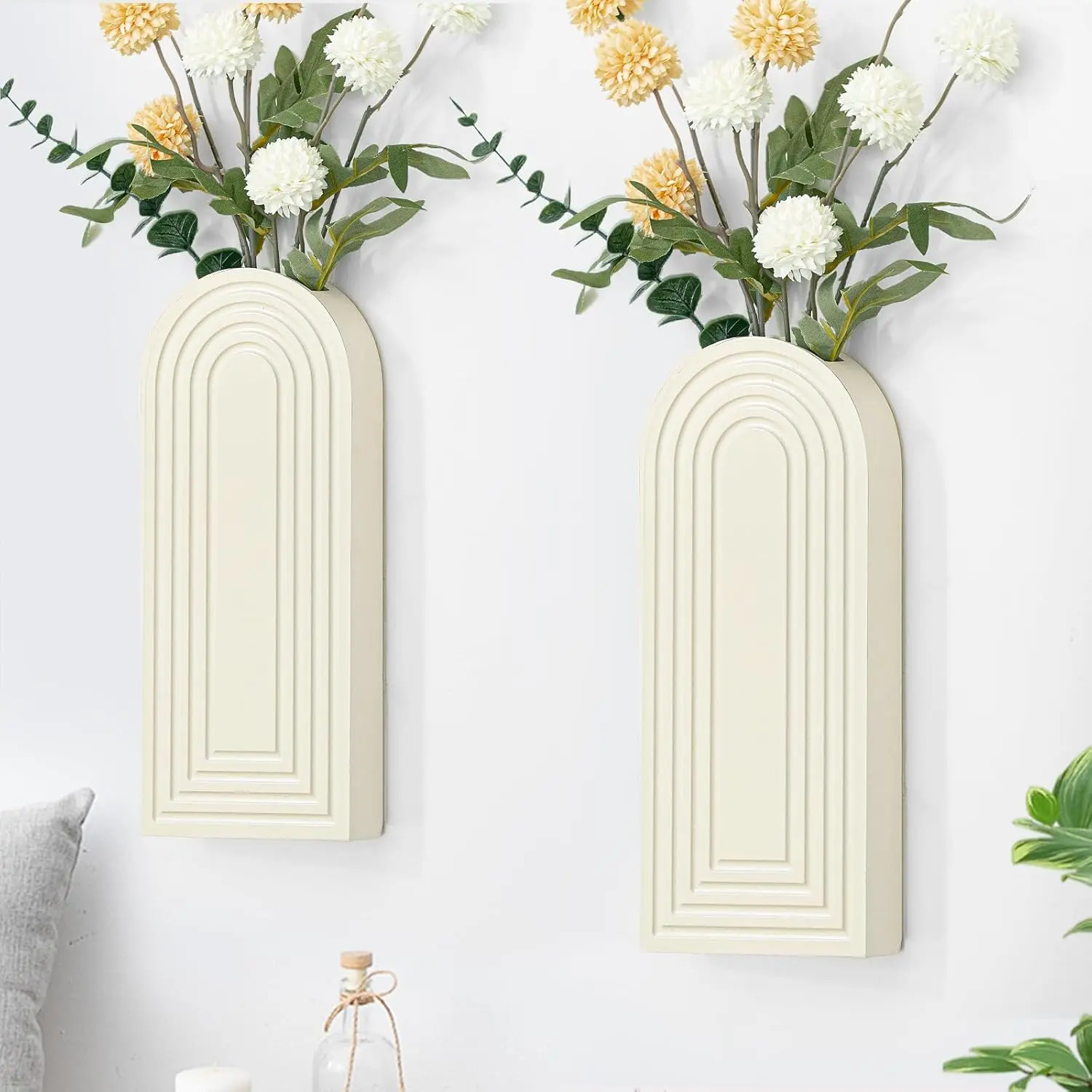 Wooden Wall Planter Vase Set of 2, Boho  Planter for Indoor  & ,   Wall-Mounted Planters for Art  Decor - Living Room, Bedroom, Bathroom, Patio (Milky White)