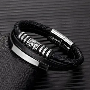 Men's Multilayer Genuine Leather Bracelet Magnetic Clasp With Triangle Solid Trinity knot Beads Celtic Amulet Jewelry