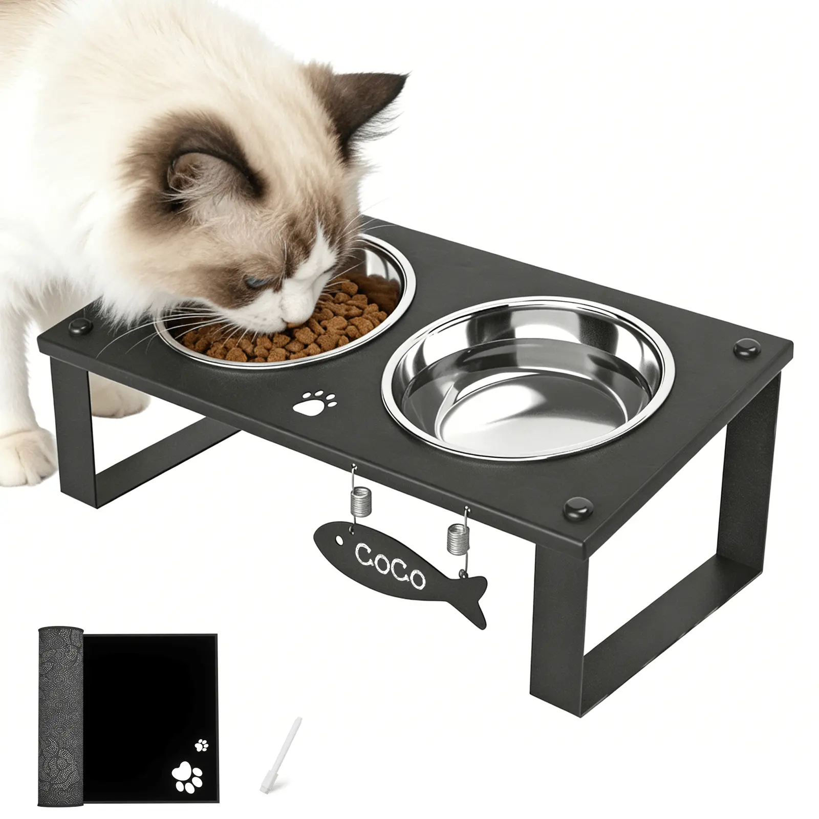 Personalized Cat Feeding Station, Elevated Cat Bowl Stand with 2 Stainless Steel Bowls, Spill-Proof Mat, DIY  Nameplate & Marker Pen, Pet Dining Set for Large/Small Cats