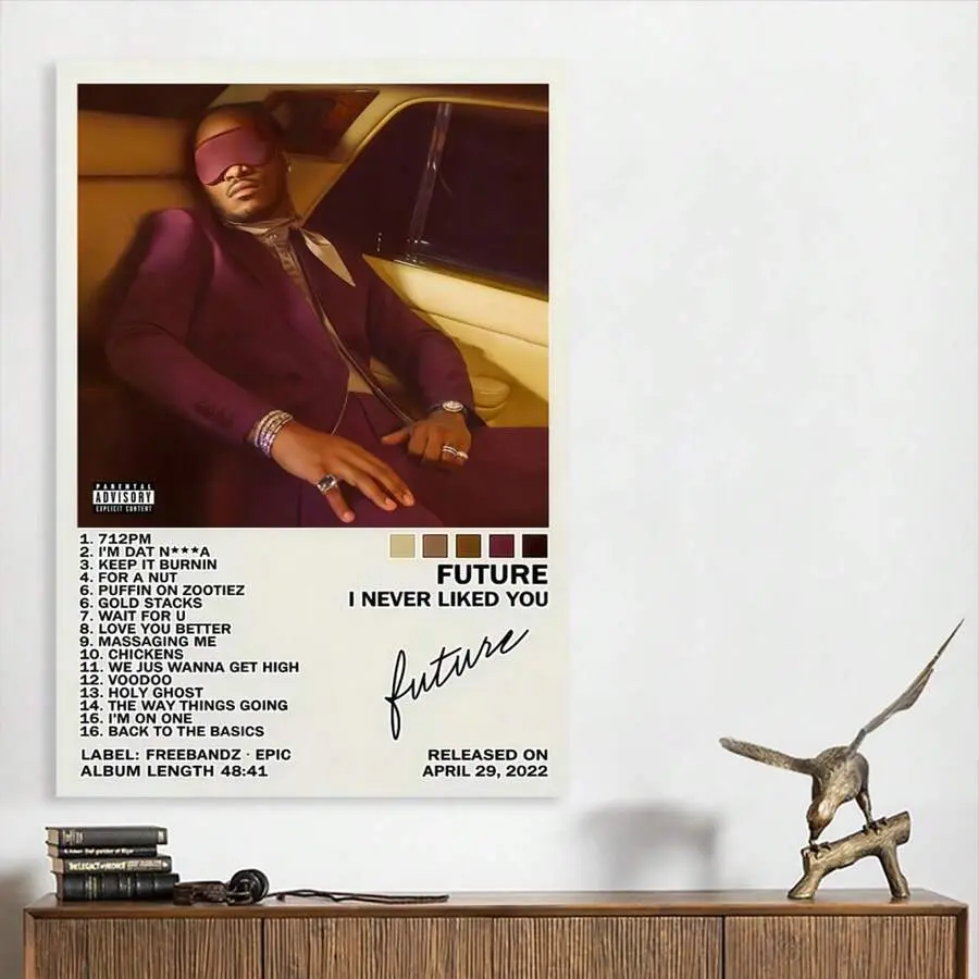 Future "I Never Liked You" Album Pine Wood Canvas Wall Art Print - 12×18 Inches Multi-Size, Lightweight Minimalist Hip Hop Tracklist Poster, Fade Resistant Rap Music Decor for Bedroom & Kid Room, Unframed/Framed Options, Ideal Gift
