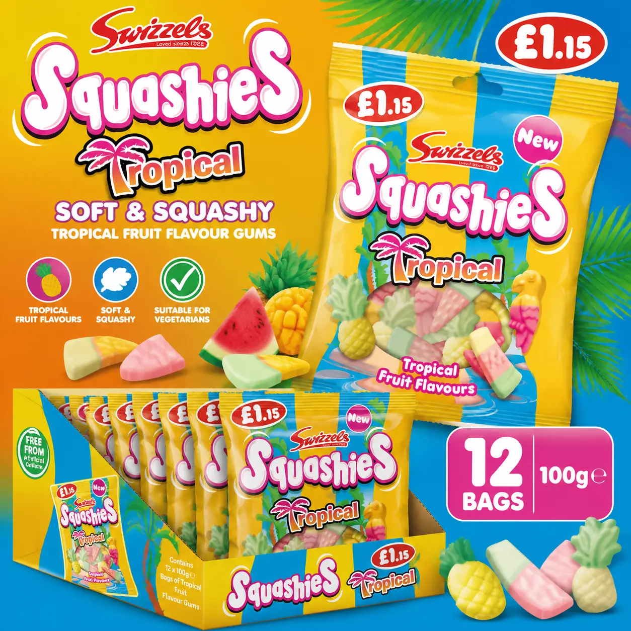 Swizzels Drumstick Squashies Tropical Fruit 100g 12 Count | Soft Chewy Gummy Candy | UK Import Fruit Flavored Sweets
