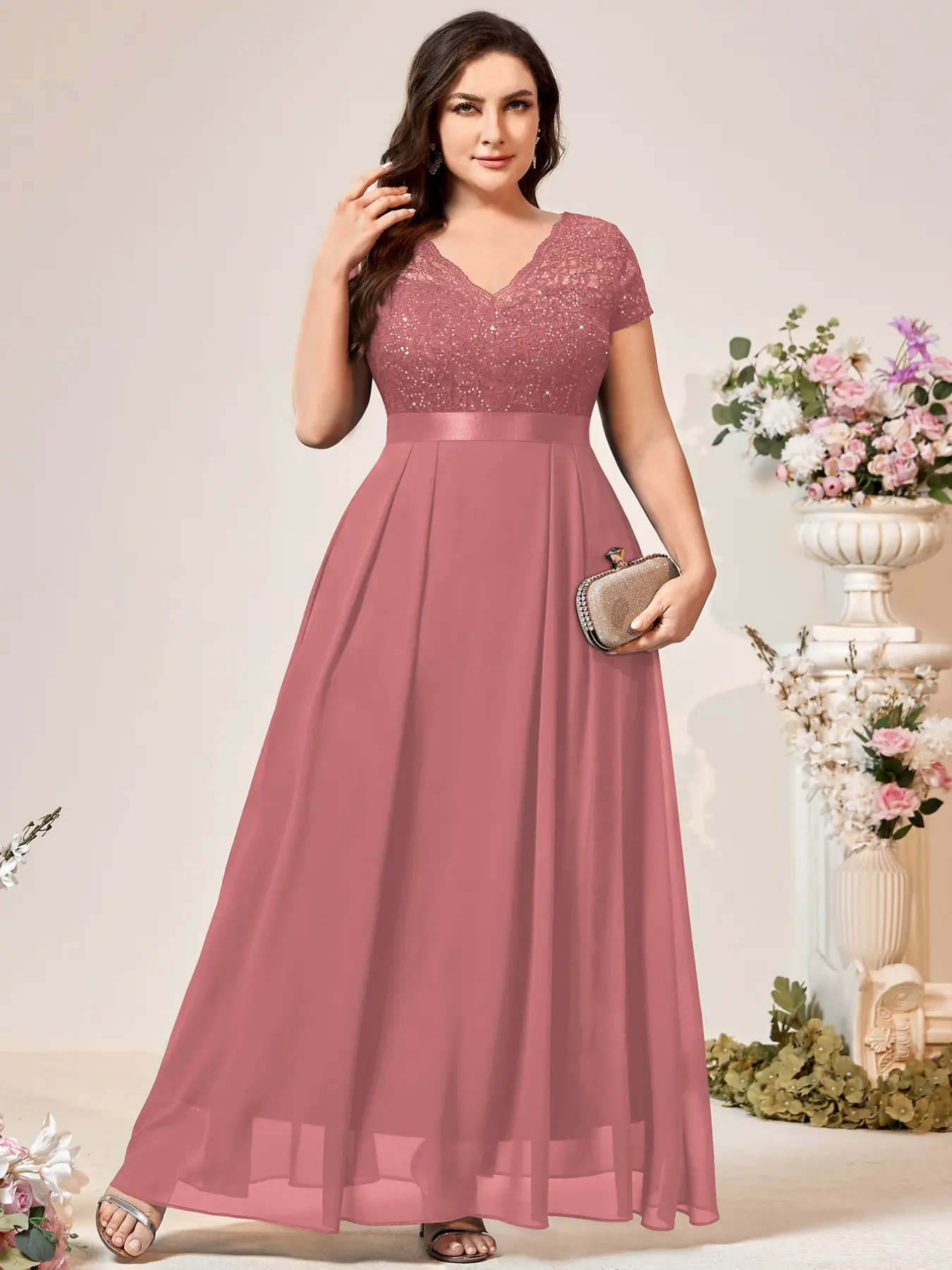 MISSMAY YP54214 Plus Sequin Lace Bodice Scallop Trim V-Neck Chiffon Evening Party Dress Elegant Formal Prom Wedding Guest Gown, For Graduation, Dinner, Homecoming, Formal Wear, Womenswear