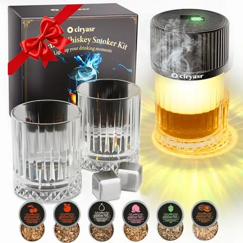 Upgraded Flameless Rechargeable Whiskey Smoker Kit - No Butane, 4 LED Light Modes, 6 Wood Chips, Spoon, Glass, Measuring Brush, Bar & Wine Utensils, Ideal Birthday & Christmas Gifts for Dad