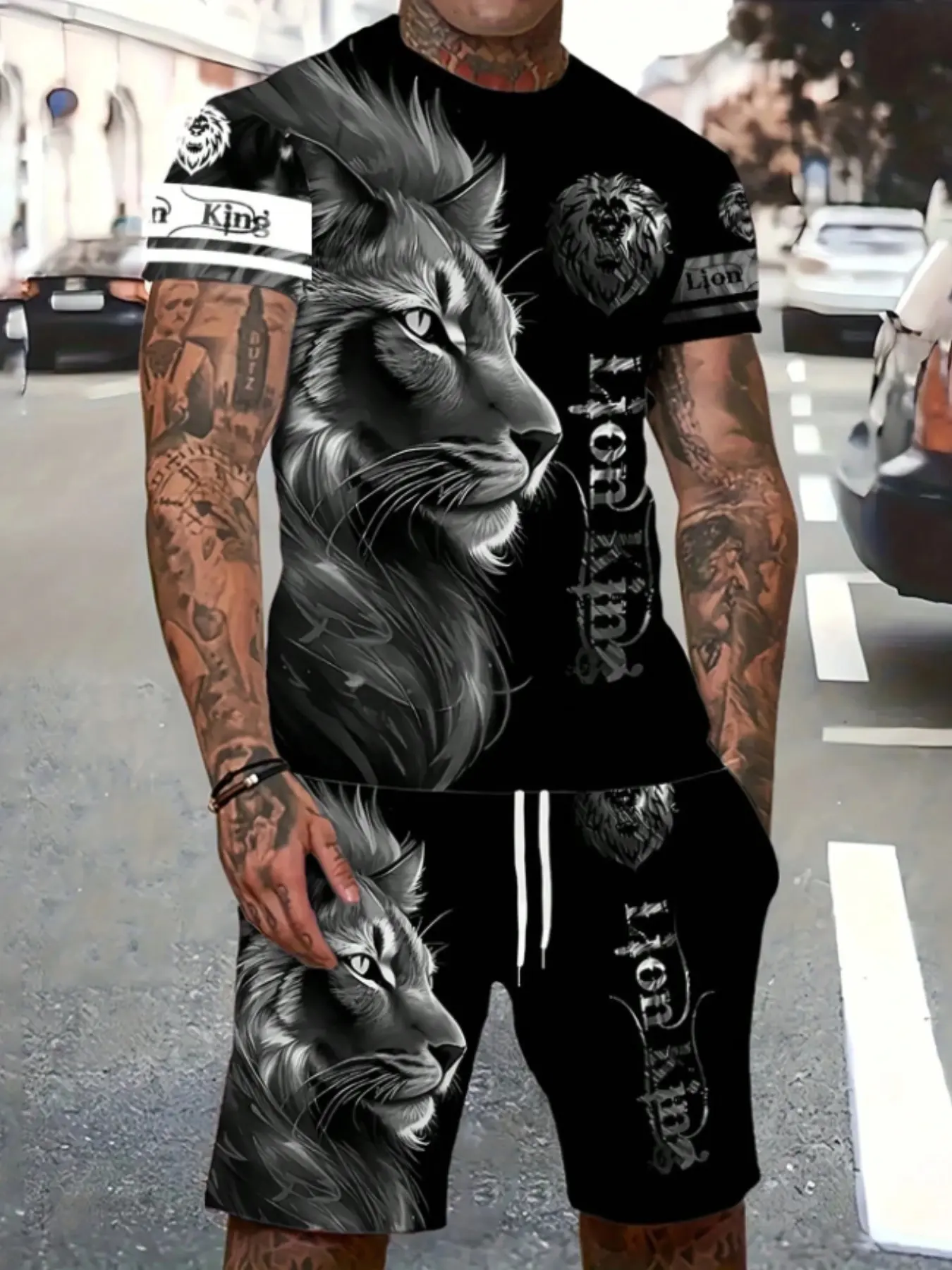 Men's Lion Pattern 3D Printed Graphic Round Neck Short Sleeve T-Shirt & Drawstring Shorts Set, Casual Fitted All over Print
