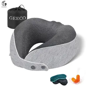 GEECO Neck Pillow for Traveling, Upgraded Travel Neck Pillow for Airplane 100% Pure Memory Foam Travel Pillow for Flight Headrest Sleep, Portable Plane Accessories, Light Grey