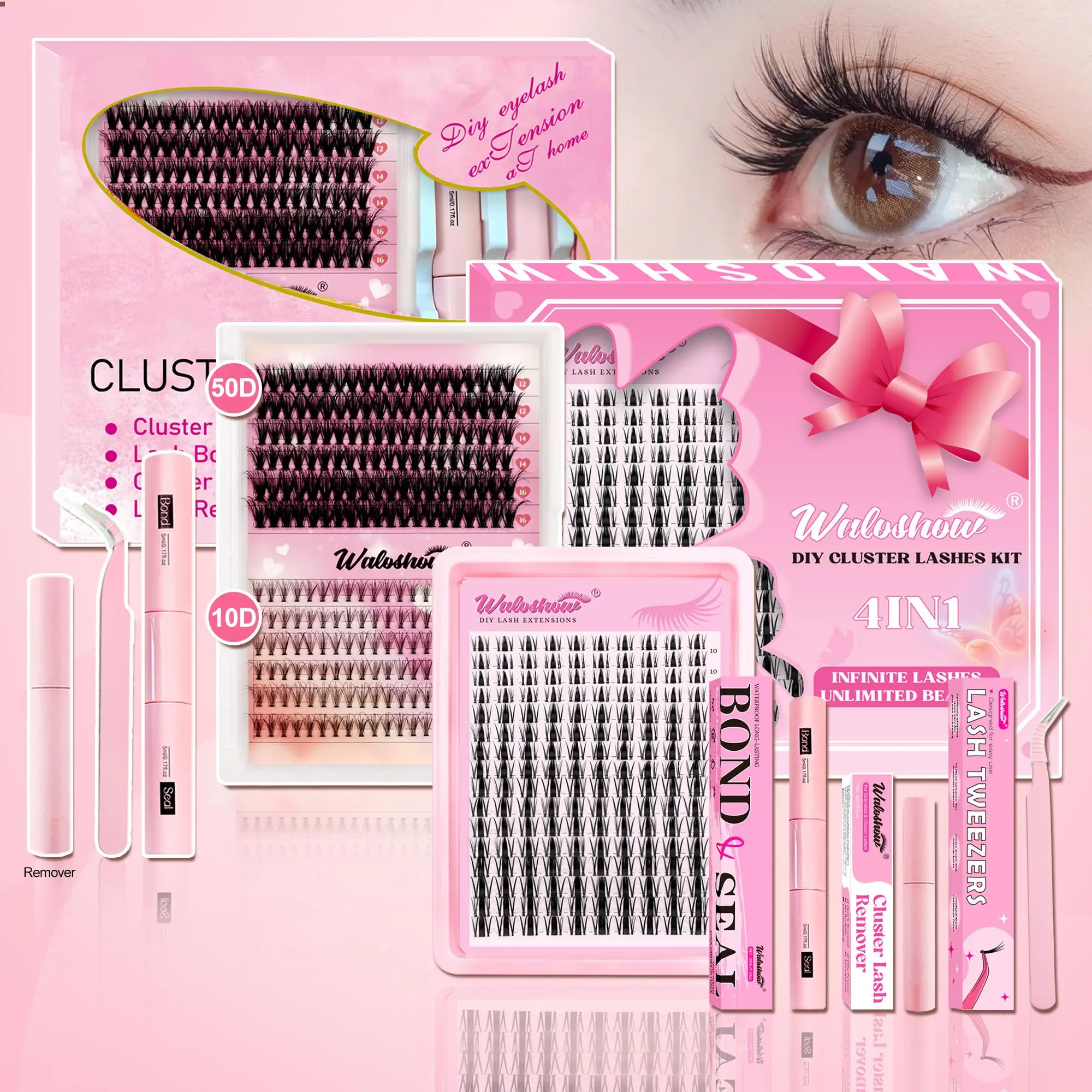 Individual False Eyelashes with Bond and Seal & Lash Remover & Tweezers, 1 Set Natural Look Eyelash Extensions, Self Grafting Eyelash Clusters, Makeup