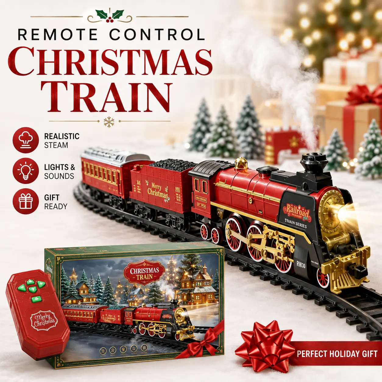 Electric Christmas Railway Collection with Remote Control, Steam Mist Train Set, Lighted Cars & Realistic Sound for Kids Holiday Gifts