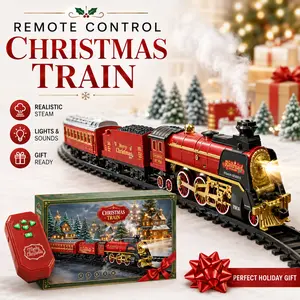 Electric Christmas Railway Collection with Remote Control, Steam Mist Train Set, Lighted Cars & Realistic Sound for Kids Holiday Gifts