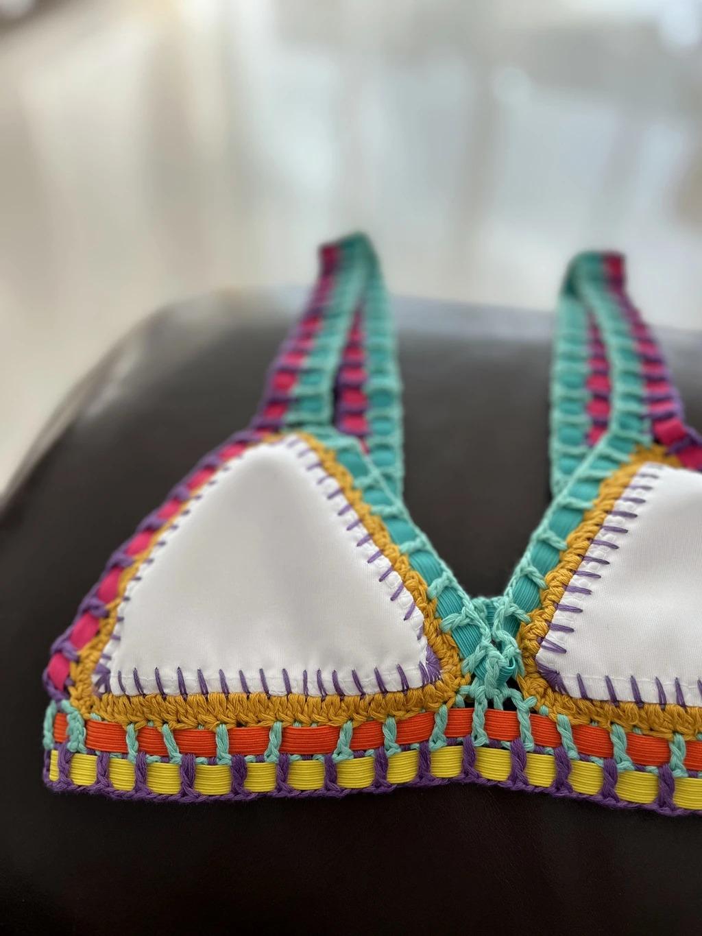 Women White Mulit Handmade Crochet Bikini Set Sexy Boho Swimwear Brazil Reversible Crochet Swimsuit Cute Bathing Suit Beachwear