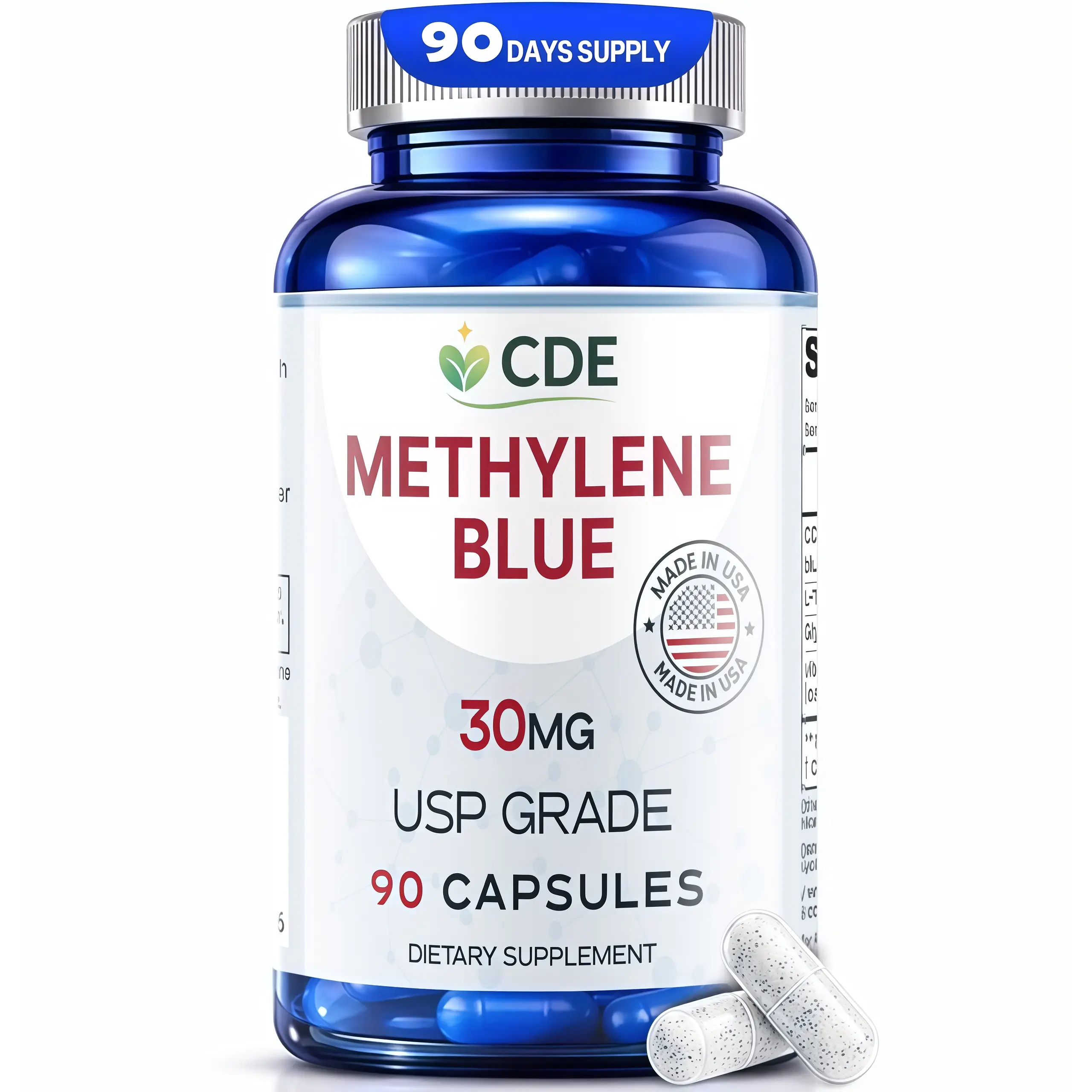 CDE Methylene Blue Capsules 30mg - Made in USA, 90 Days Supply - Pharmaceutical CDEMBC USP Grade, Third Party Lab Tested, Formaldehyde-Free, Non-GMO - Cellular & Cognitive Support