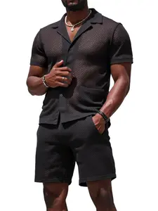 Two-Piece Set Men's Solid Sheer Short Sleeve Shirt & Shorts Set, Casual Summer Outfits Clothes Set for Beach Vacation, Men's Clothing, Menswear