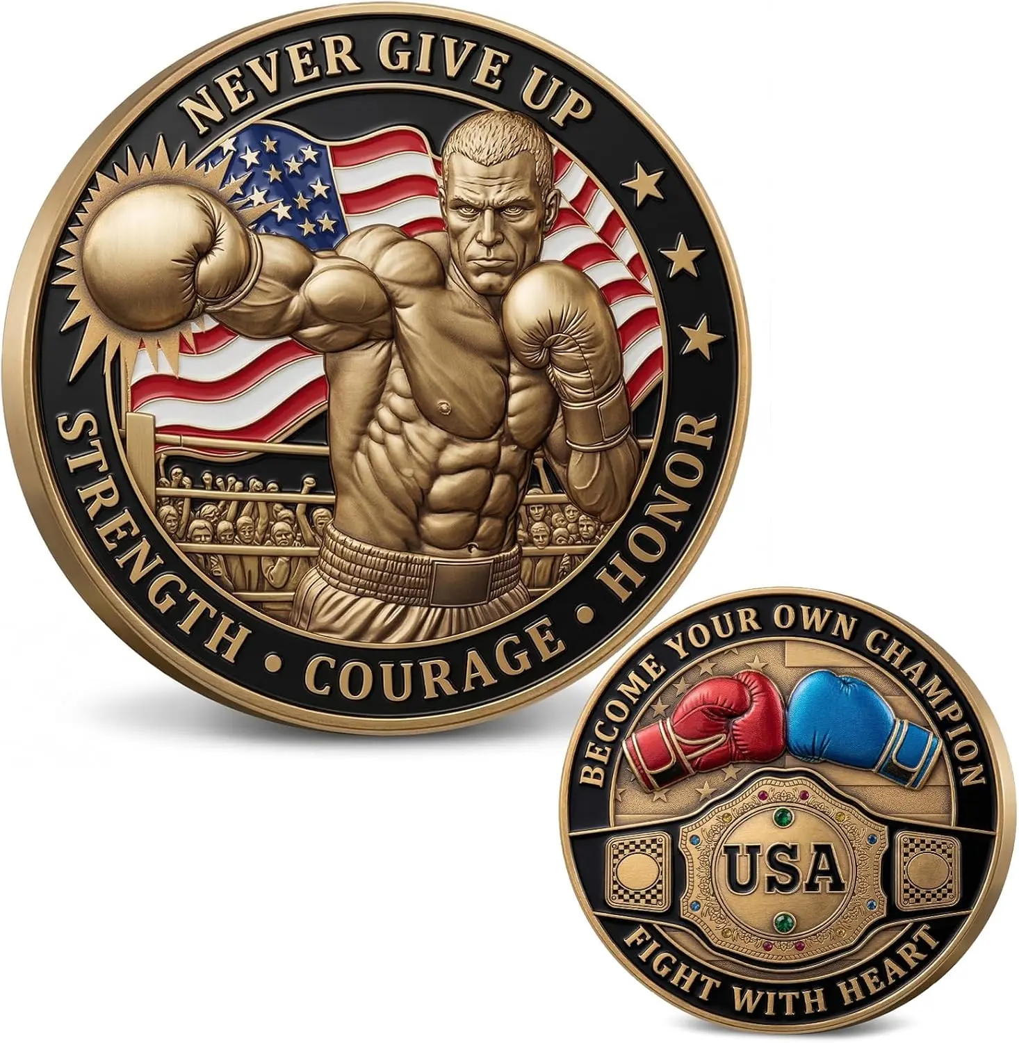 Never Give Up Boxing Challenge Coin, Motivational Coin, Strength Courage Honor