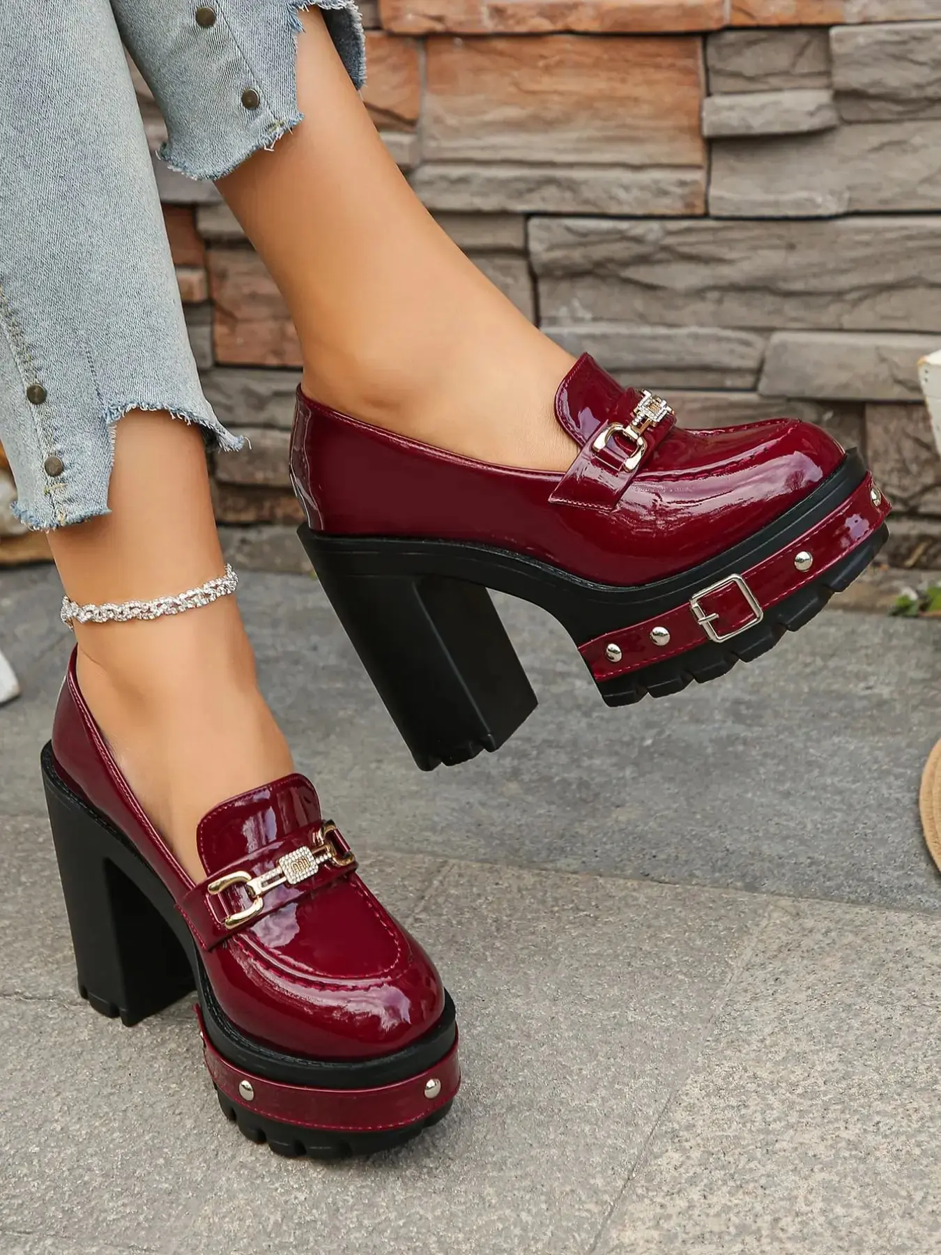 2026  A pair of Women's Platform Block Heel Loafers, Patent Leather Upper, Chunky Studded Lug Sole, Accent, Edgy Platform Shoes, Heel Loafers Parties, Night Out, Style, Bold Footwear,-On Design, Trendy Heeled Loafers