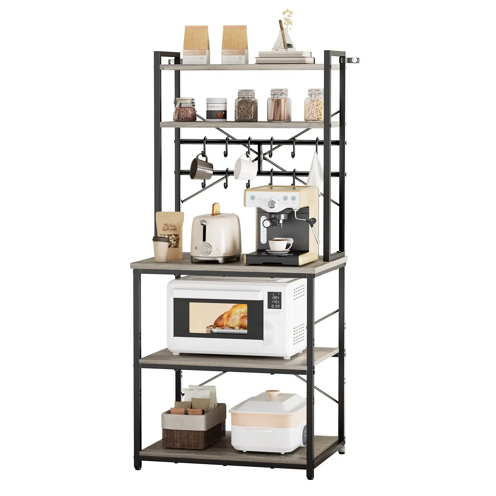 Kitchen Bakers Rack, 23.6 Inch Wide Profile, Kitchen Stand With X-Shaped Support Bar, 12 S-Shaped Hooks, Double-Layer Upper Shelf, Coffee Bar Stand For Dishes, Bowls And Spice Bottles, In A Compact Kitchen Organizer