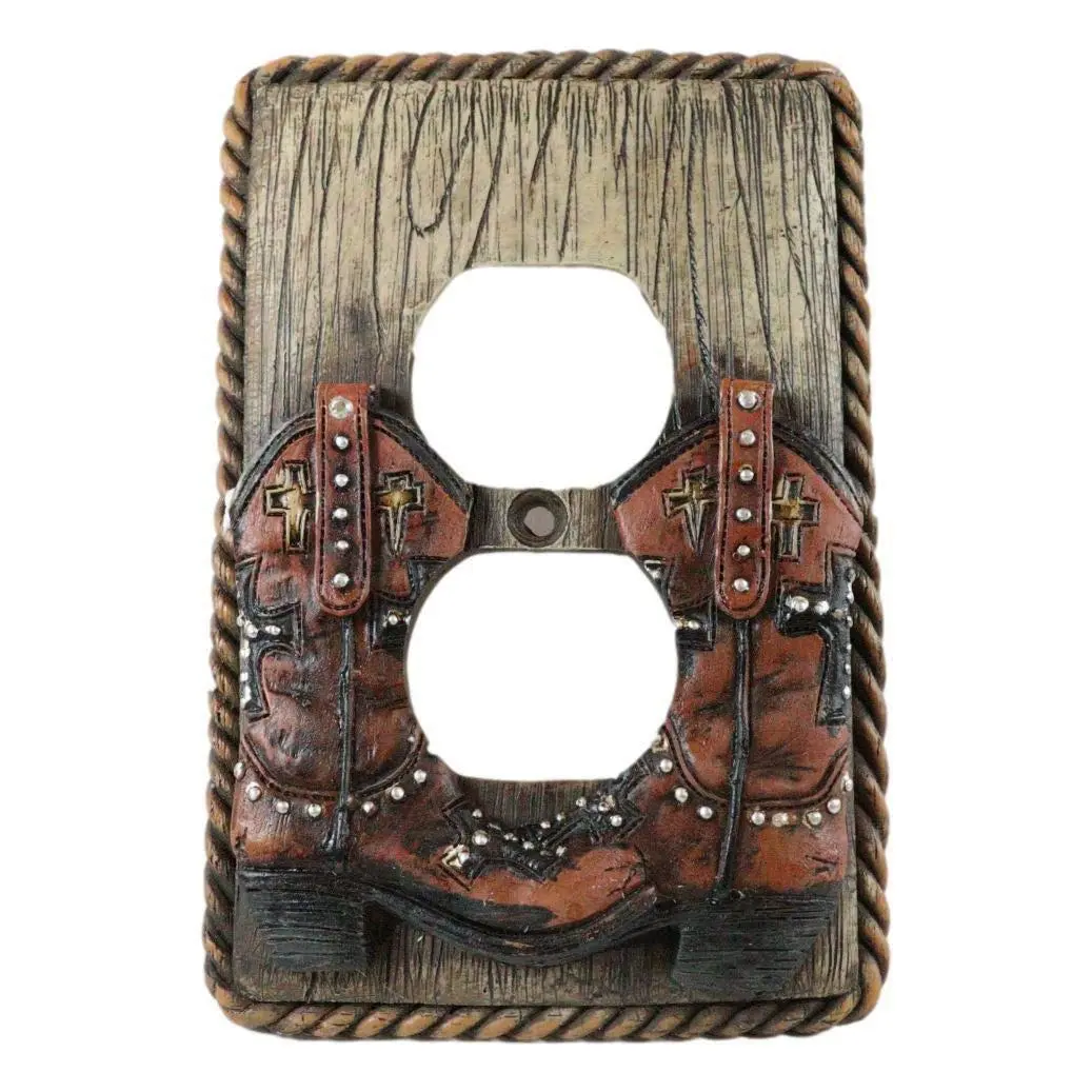 Decorative Western Cowboy Boots Print Faux Wood Wall Double Receptacle Outlet Plates, 2-Piece Set for Western Decor & Desert Beauty of the Southwest Home Supplies