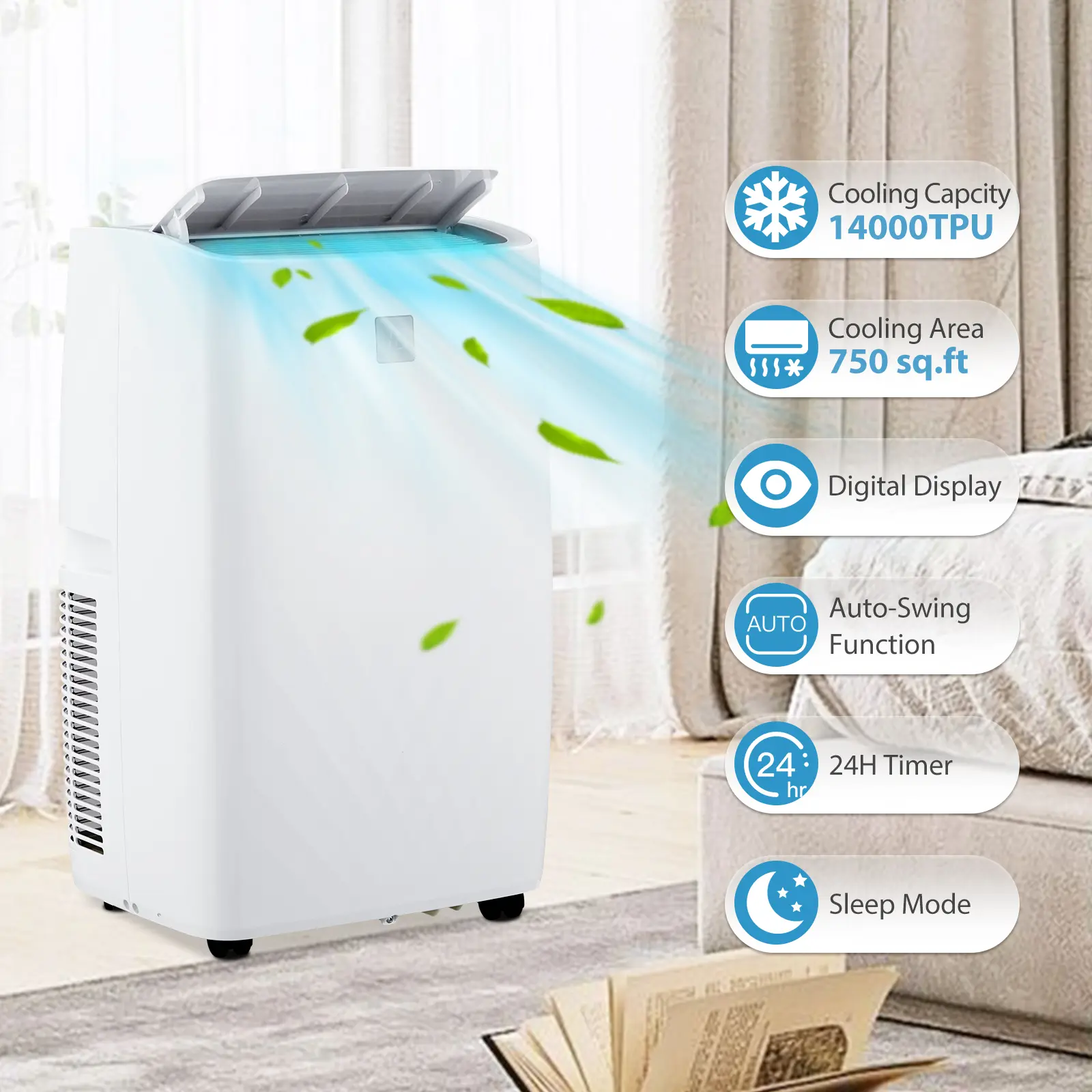 14,000 BTU Remote Control,  3-In-1 AC Unit Window Kit, White Small Air Conditioner, Portable Air Conditioners for Rooms Up to 750 Sq Ft,