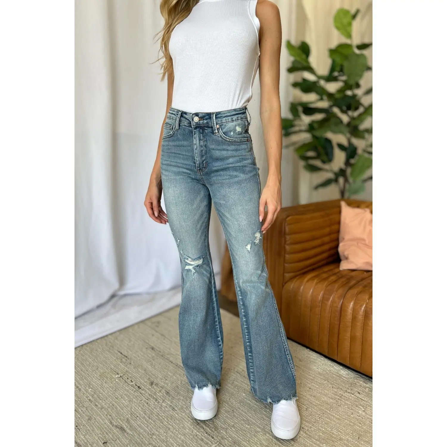 Caroline Mid Rise Control Top Distressed Flare Jeans