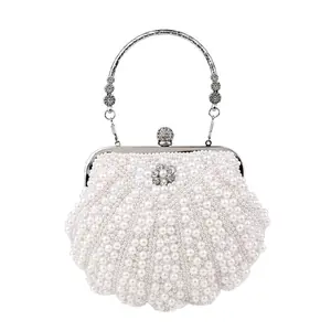 House of GVHD Pearl Scallop-Shaped Handbag Luxury Bridal Evening Bag with Beaded Design and Elegant Handle