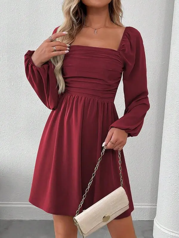 Women's Square Neck Lantern Sleeve Pleated Mini Dress Elegant Solid Color Autumn Outfit in Burgundy Fall Fashion Short Dress for Dates & Parties - TikTok Shop Women's Square Neck Lantern Sleeve Pleated Mini Dress Elegant Solid Color Autumn Outfit in Burgundy Fall Fashion Short Dress for Dates & Parties - TikTok Shop