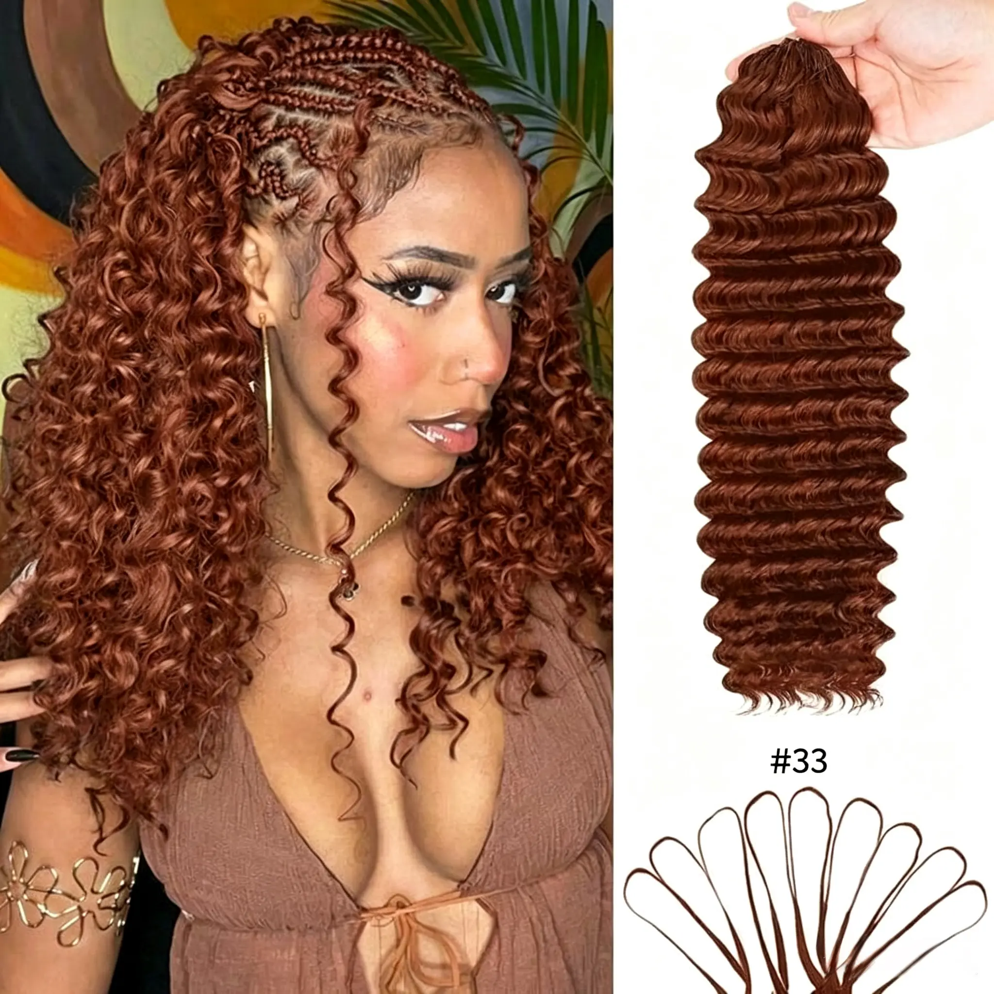 [New IN] 33# Reddish Brown Color 14-22 inch Deep Wave Feather Crochet Hair Human Hair Extensions Miracle Knots Pre-Separated 50g/Pack– Knotless Boho Braids Curly & Wave Textures Protective Hairstyles For Women