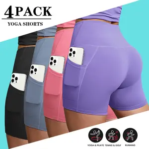 4-Pack Women's Yoga Shorts High Waisted Slant Pocket Stretchy Breathable Slim Fit Athletic