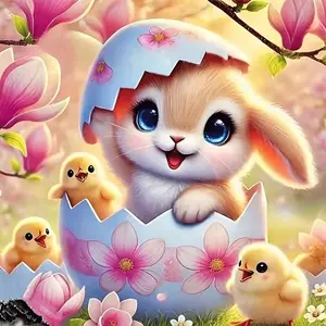 1PC 5D diamond painting  2d flat printing  Easter Diamond Painting Kit Cute Rabbit in Egg with Chickens Magnolia Flowers DIY Craft for Home Decor Adults Kids 5D Crystal Rhinestone Embroidery Art