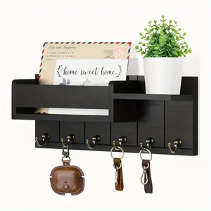 Country Style Wooden Wall Mounted Key Holder with Letter Storage Tray, Farmhouse Decorative Key Ring, Space Saving Organizer Rack
