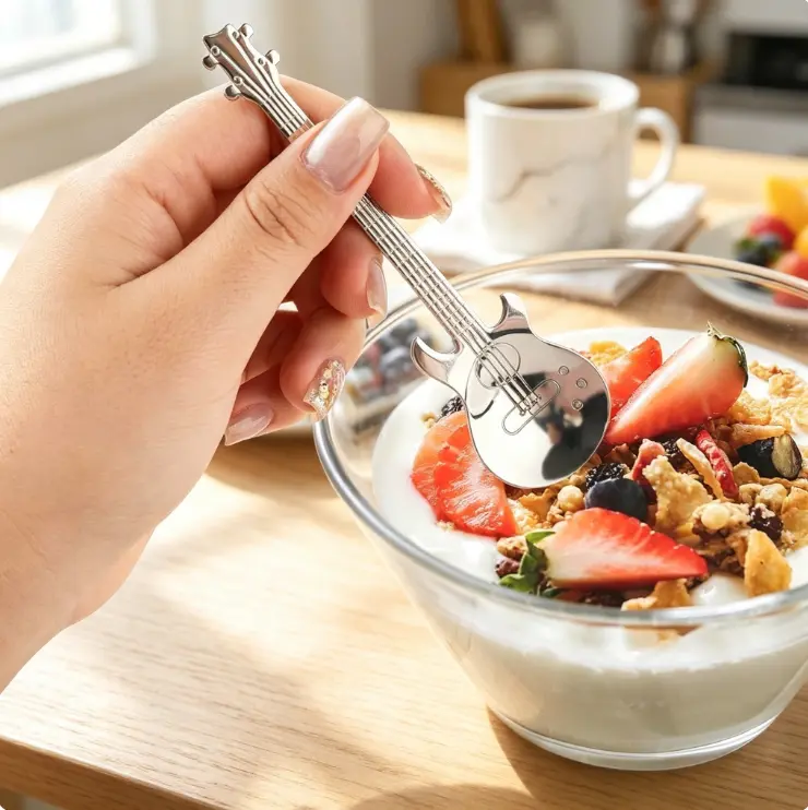 1pc Guitar Shaped Coffee Spoon, Creative Stainless Steel Tea Spoon, Unique Music Instrument Design Dessert Spoon for Latte, Yogurt, Ice Cream, Home Kitchen Bar Decor Gift