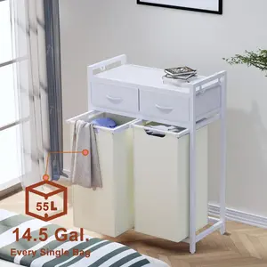 Laundry Hamper, Laundry Sorter 2 Section, Rolling Laundry Basket with Wheels, 2 Drawers, 2 × 14.5 Gal (55 L), Pull-Out and Removable Oxford Fabric Bags, White and Beige