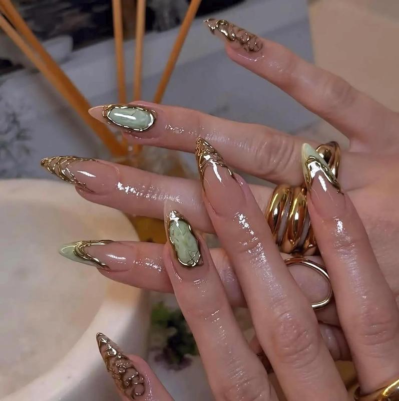 Prospera Nails - Gold Chrome Marble Press On Nails | Olive Green Stone Effect | Luxury Rich Girl Aesthetic | Long Almond Stiletto Fake Nails | Vacation, Gift
