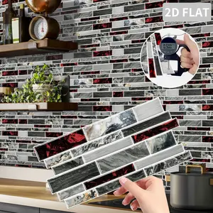 12PCS/24PCS/48PCS Irregular Tile Stickers PVC Crystal Film Red & Grey Contrast Faux Marble Long Strip Self-Adhesive Marble Tiles Waterproof Oil-Proof Kitchen Bathroom Wall Decor Home Decoration XY-HTP
