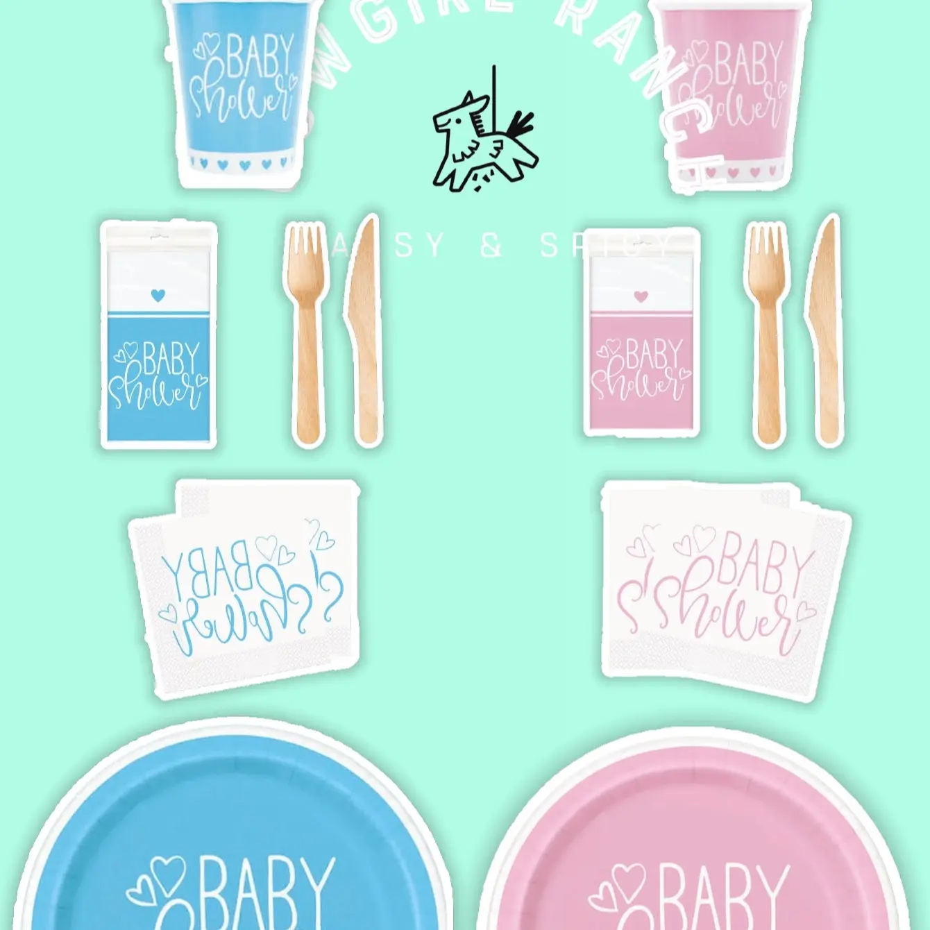 Baby Shower Tableware Kit: Blue and Pink Theme. Complete Set with 16 Plates, 16 Cups, 16 Napkins, 16 Wooden Forks, 16 Wooden Knives, and 1 Tablecloth for Your Celebration.
