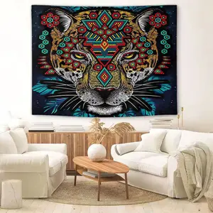 Vibrant Jaguar Face Wall Tapestry, Indigenous-Inspired Beadwork Art Digital Print, Colorful Wildlife Wall Hanging Tapestry, Tropical Jungle Décor for Bedroom, Living Room, Ideal Home Decoration, Unique Artistry Featuring Geometric Patterns