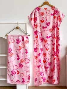 Elegant Long Robe Set with Multicolor Heart Print Shawl, Moomoo Dress + Headscarf Silk Scarf for Women, Beach Sun Protection