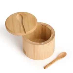 Wooden Salt Container with Lid, 6oz Kitchen Storage Box for Salt Pepper Sugar Seasoning Spices, Bamboo Spice Jar Canister with Spoon, Magnetic Rotating Cover