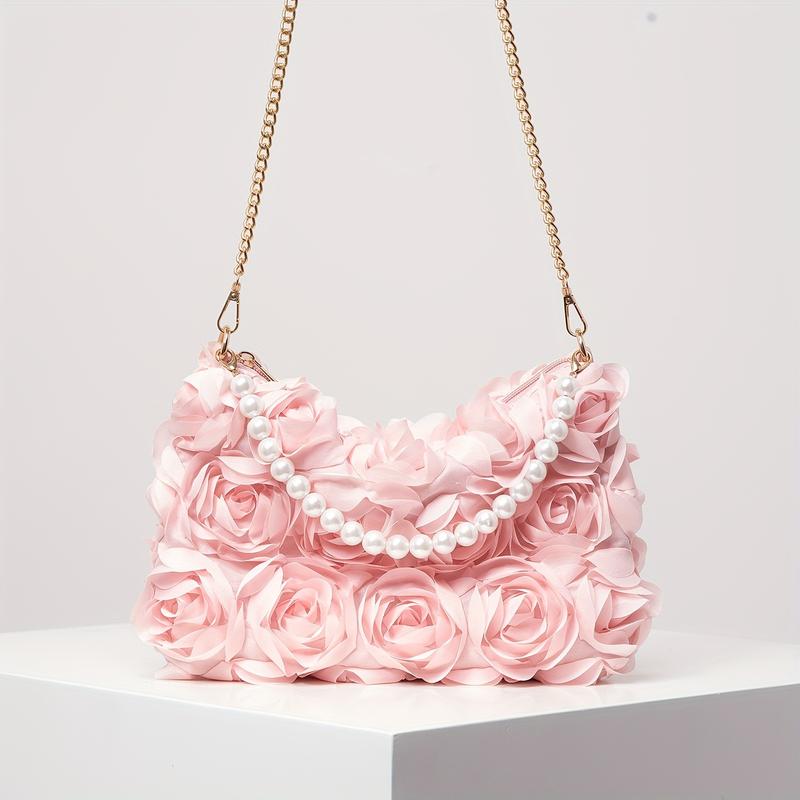 [Wedding Accessory] Elegant Rose-Embellished Crossbody Bag with Faux Pearl Accents - Sweet Pink Floral Evening Clutch, Ideal Valentine's Gift for Women, Polyester Lining, Zip Closure, Wedding Gifts
