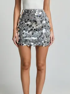 Women's Sequin Mini Skirt, Fashionable High-Waisted Fitted Sexy Solid Color Bodycon Short Skirt, Hip Hugging Skirt, Suitable for Parties, Dates, Gatherings, Bars, Music Festivals, Entertainment, Leisure, Shopping, Outings, and Club Wear.