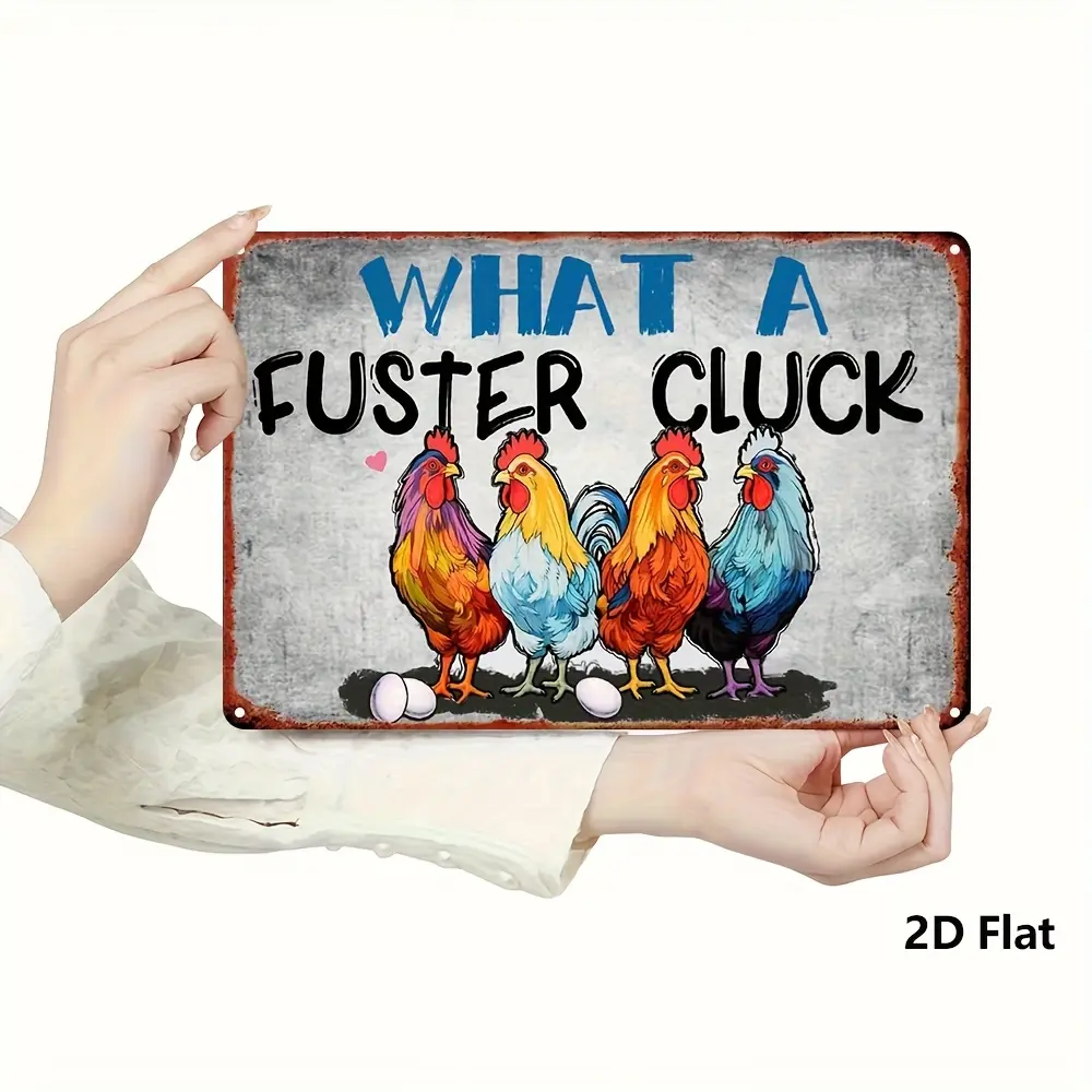 1pc Vintage Farmhouse Iron-Wooden 2D Flat Chicken Wall Art Sign - Rustic Rooster & Hen Decor with "What a Fuster Cluck" Lettering, Country Kitchen Decor, Durable Pre-Drilled Holes for Easy Hanging, Housewarming Gift
